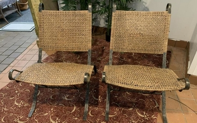 ANTIQUE FRENCH STRAW WOVEN IRON PAVILION CHAIRS X2