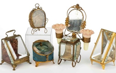 ASSORTED VICTORIAN GLASS VITRINE CASKET-TYPE WATCH HUTCHES / STANDS, LOT OF FIVE