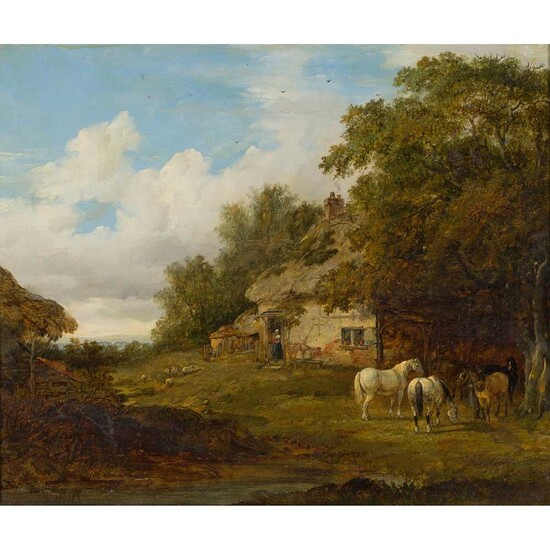 ATTRIBUTED TO PATRICK NASMYTH (SCOTTISH 1787-1831) COUNTRY COTTAGE WITH HORSES