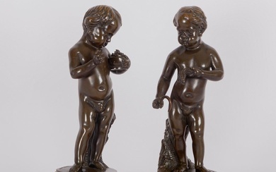 AUGUSTE MOREAU (France, 1834 - 1917). Une paire de putti symbolisant deux saisons. Bronze patiné...
