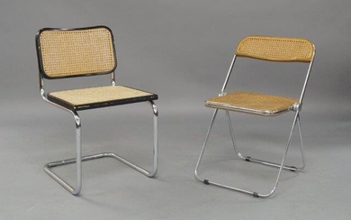 After Marcel Breuer, a 'Cesca' style cantilever chair, late 20th Century, with black lacquered frames and caned seats on tubular chromed frame, stamped 'Made in Italy 94' to underside of seat, together with a Castelli 'Plia' chair by Giancarlo...
