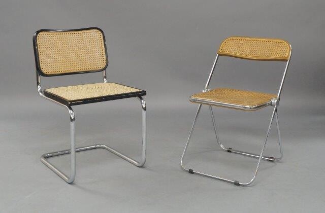 After Marcel Breuer, a 'Cesca' style cantilever chair, late 20th Century, with black lacquered frames and caned seats on tubular chromed frame, stamped 'Made in Italy 94' to underside of seat, together with a Castelli 'Plia' chair by Giancarlo...