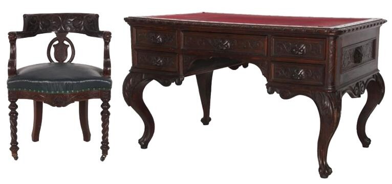 American Figural Carved Mahogany Desk & Chair