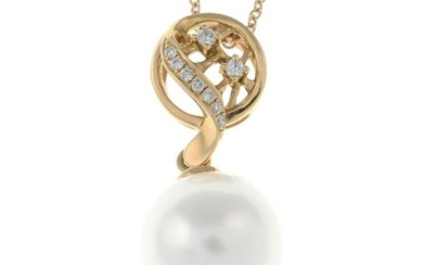 An 18ct gold cultured pearl and diamond pendant, with 18ct gold trace-link chain.