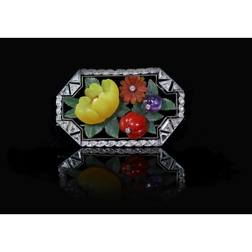 An Art Deco white gold, diamond, coral, amethyst and coloure...