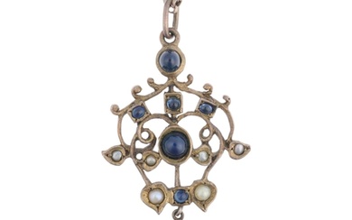 An Art Nouveau style sapphire and pearl openwork pendant nec...