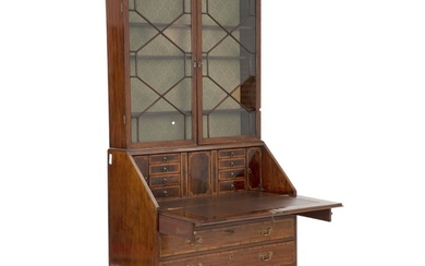 An English George III mahogany bureau with vitrine cupboard. Late 18th century. H. 227 cm. W. 114 cm. D. 58 cm.