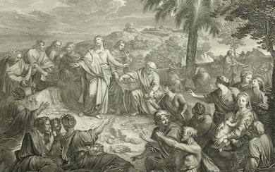 An antique engraving of Christ feeding the five