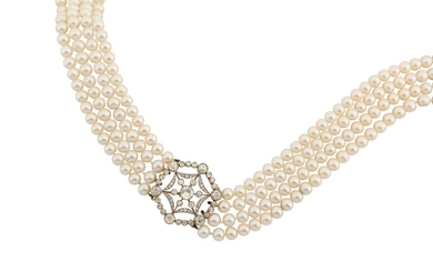 An early 20th century diamond jewel on a multi-strand cultured pearl necklace