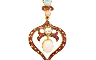 An early 20th century enamel opal and diamond pendant by Mrs Newman