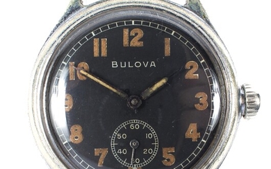 An early Bulova 10AK wristwatch, the black dial with arabic numerals denoting hours