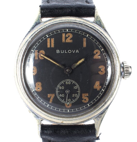 An early Bulova 10AK wristwatch, the black dial with arabic numerals denoting hours