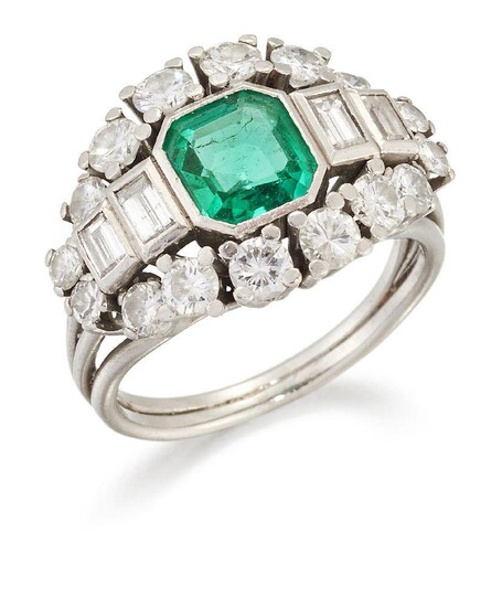 An emerald and diamond ring, the cut-cornered rectangular emerald single stone, measuring approximately 6.95 x 6.40 x 3.62mm, between graduated baguette-cut diamond two stone shoulders to a graduated brilliant-cut diamond surround, ring size K1/2...