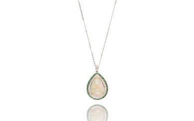 An opal, diamond and tsavorite garnet pendant