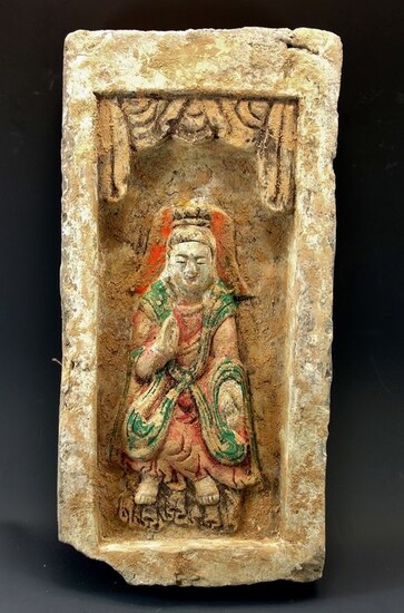 Ancient Chinese Terracotta Painted Kwan Yin Northern Wei Tile - 330mm height