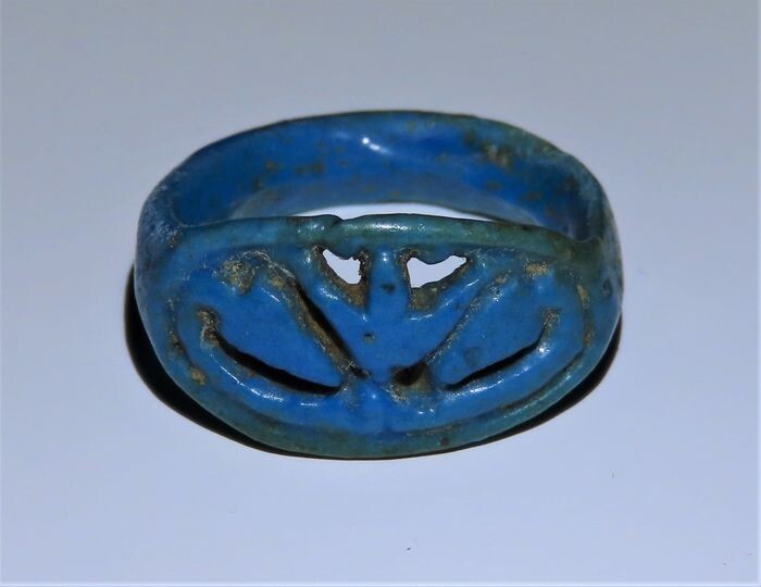 Ancient Egyptian Faience Turquoise finger ring, with openwork Lotus.