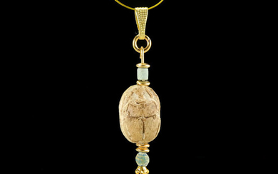 Ancient Egyptian Steatite scarab pendant with faience and carnelian beads - (1)