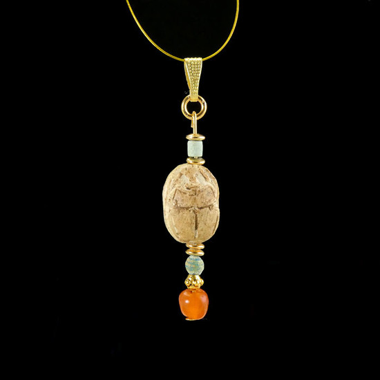 Ancient Egyptian Steatite scarab pendant with faience and carnelian beads - (1)