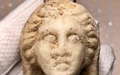 Ancient Roman Marble Veiled head of a Fortuna the goddess of Luck or Tyche (the greek equivalent) wearing Kalathos.