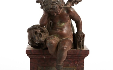 "Ange pleureur de la Cathédrale d'Amiens" Bronze à patine brune. Socle de marbre rouge et...