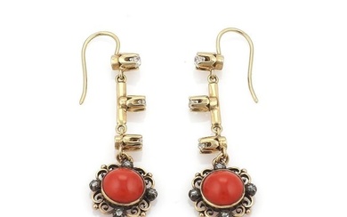 Antique Diamond & Coral 18k Yellow Gold Floral Long Hook Dangle Earrings