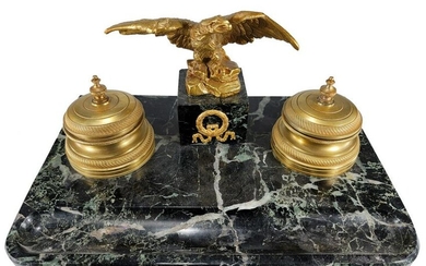 Antique French gilt bronze & marble eagle inkwell