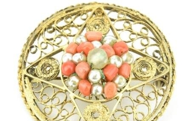 Antique Gilt Silver Filigree Pendant w Coral Beads