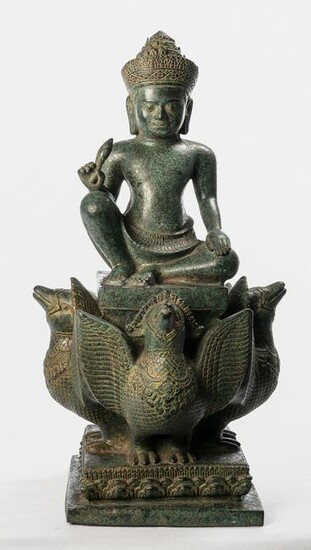Antique Khmer Style Seated Bronze Varuna & Hamsa Statue