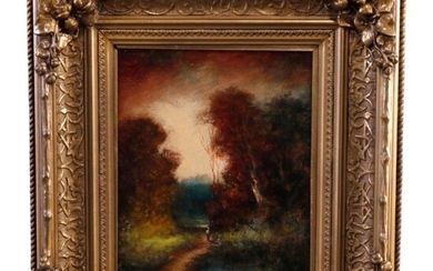 Antique Oil on Board Fall Landscape Painting by Kircher