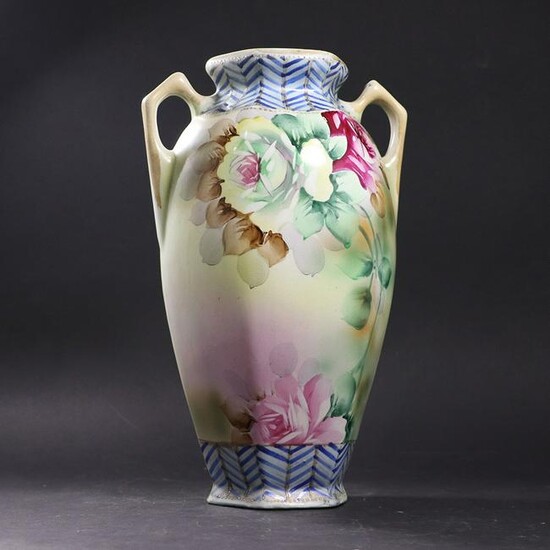 Antique Porcelain Handled Vase, Hand Painted Flowers