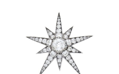 Antique Rhodium-Plated Silver, Gold and Diamond Star Brooch