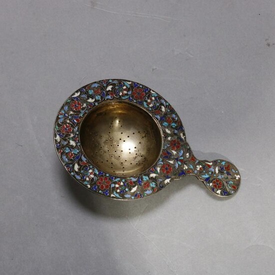 Antique Russian Silver Enamel Tea Strainer, C1900
