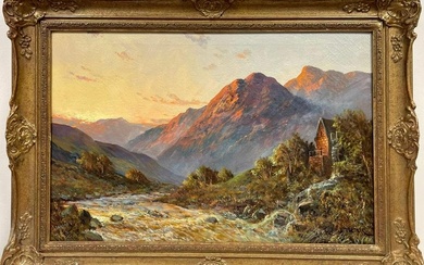 Antique Scottish Highlands Oil Painting Sunset River Landscape with Mountains