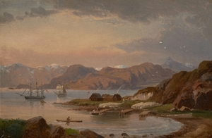 Anton MELBYE Copenhague, 1818 - Paris, 1875 Vue d'une côte avec comptoir de pêche au Groenland