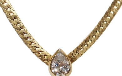 Approx. 1.35ct Pear Cut Diamond Solitaire 14k Gold Herringbone Chain Station Necklace