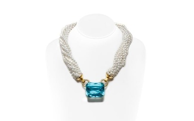 Aquamarine Cultured Pearl Diamond Necklace