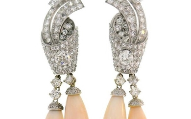 Art Deco Coral Diamond Platinum Dangle Earrings