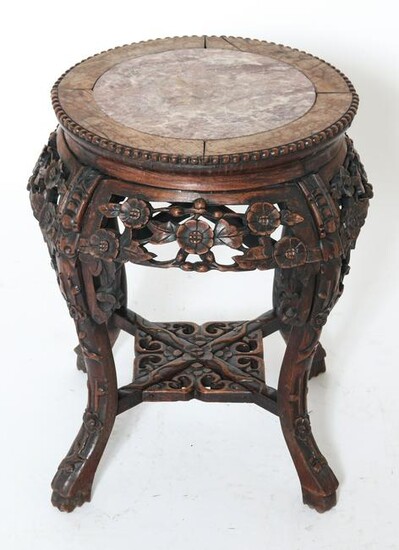 Asian Carved Hardwood & Marble Inlay Side Table