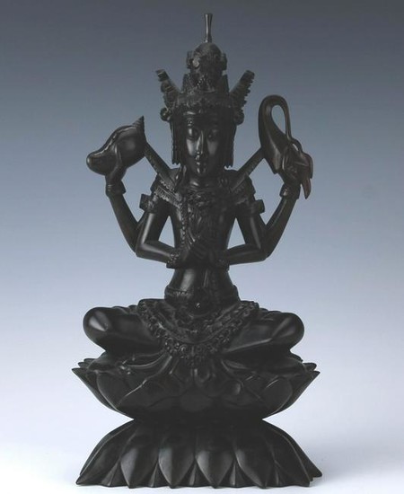 Asian Carved Multi Armed Deity on Lotus Sculpture