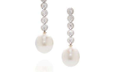 Assael: Pair Of White Gold, South Sea Pearl and Diamond Pendant Earrings