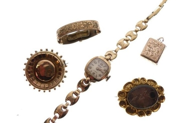 Assorted gold and yellow metal to include; lady's wristwatch...