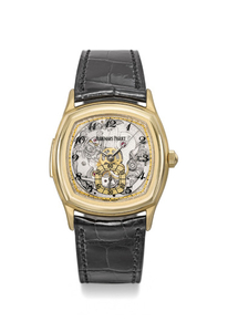Audemars Piguet. A fine 18K gold gold cushion-shaped skeletonized minute repeating wristwatch with Breguet numerals, Extract from the Register and box, SIGNED AUDEMARS PIGUET, RÉPÉTITION MINUTES, NO. 5, JOHN SHAEFFER MODEL, REF. 25761BA.00.A002XX.02,...