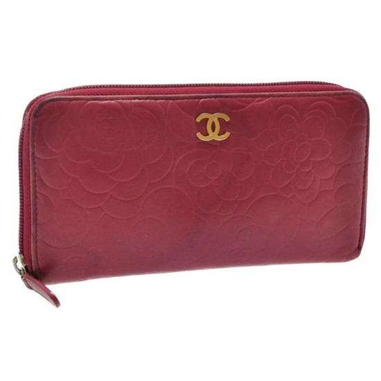 Authentic Chanel Lamb Skin Leather Camellia Long Wallet