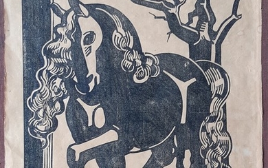 Axel Salto: Composition with a horse by a tree. Signed and dated Salto, 1928. Woodcut on brown paper. Sheet size 46.5×37.5 cm. Unframed.