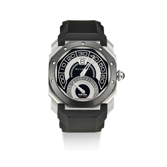BULGARI | GÉRALD GENTA OCTO BI-RETRO, REFERENCE BG043BSCVABR A BLACK CERAMIC AND STAINLESS STEEL JUMPING HOUR WRISTWATCH WITH RETROGRADE MINUTES AND DATE, CIRCA 2013