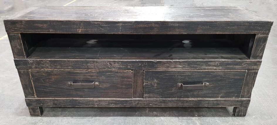 Black Washed Timber Industrial Entertainment Unit with Two Drawers (H:61 x W:140 x D:42:cm)