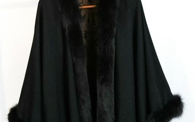Black Wool Fur-Trimmed Cape