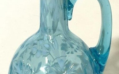 Blue Glass Handled Floral Embossed Vessel