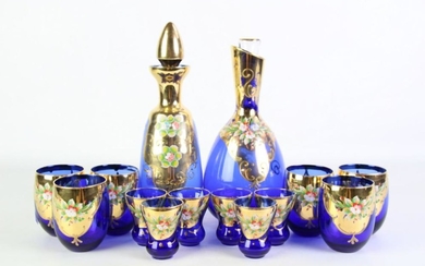 Blue Glass Venetian Decanters & Glasses with Floral Decoration