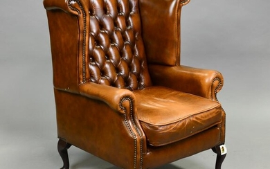 British Brown Leather Wing Back Arm Chair